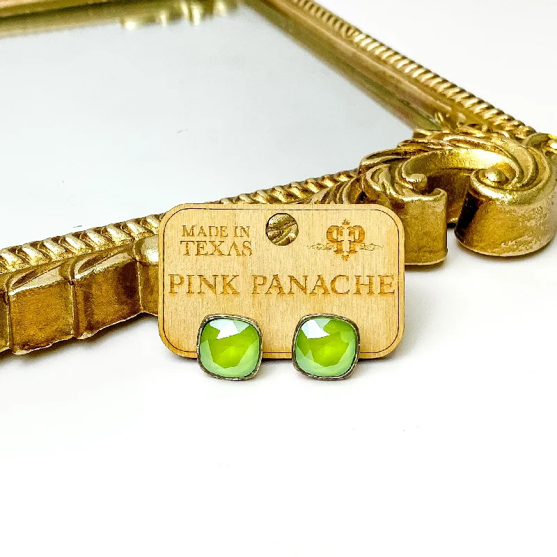 Women’s hammered gold earrings-Pink Panache | Silver Stud Earrings with Cushion Cut Crystals in Lime Green