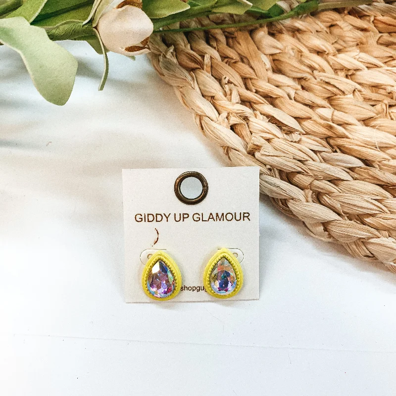 Women’s statement earrings-Teardrop Glass Stone Post Earrings with AB Crystal in Yellow