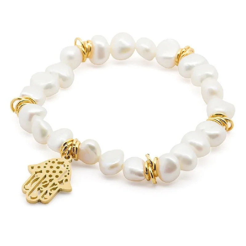 Women’s oval cuff bracelet-Stainless Steel Hamsa Hand Bracelet Gold Plated Pearl