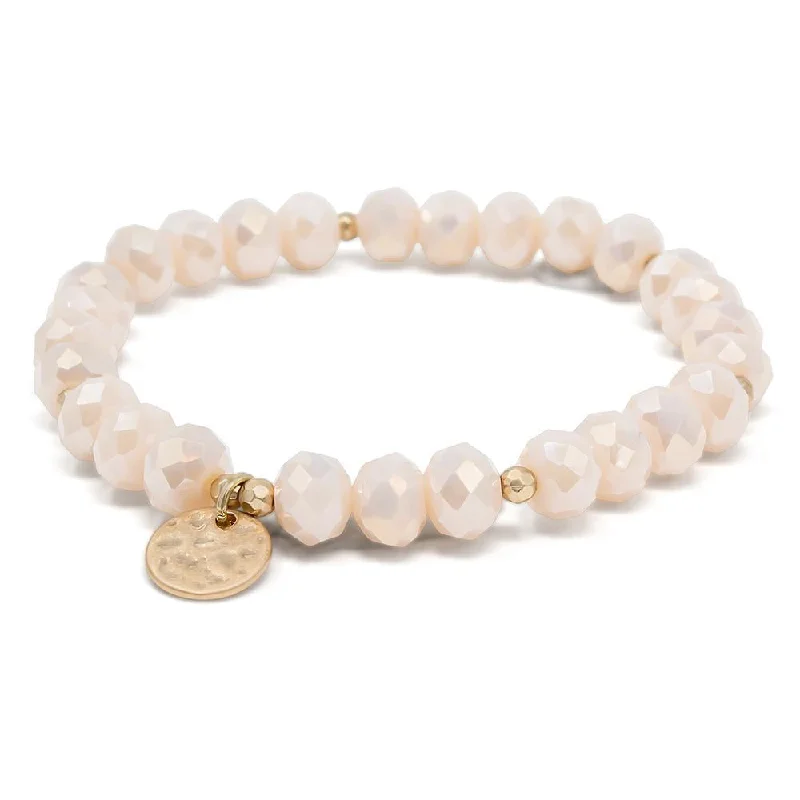 Women’s engraved bracelet-Cream Glass Bead Bracelet with Disc Charm Gold Tone