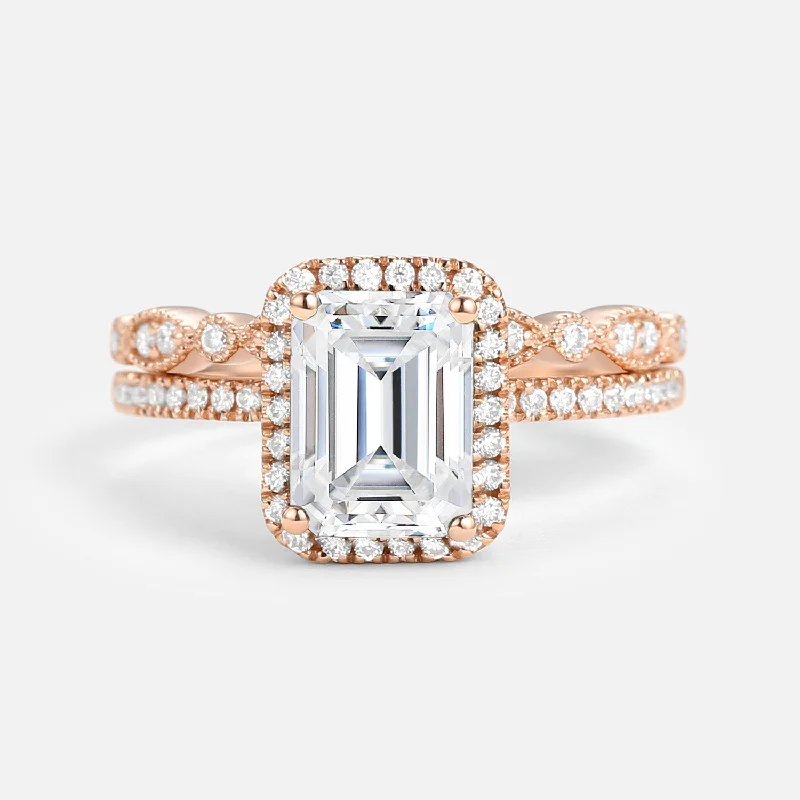 Women’s pearl rings-Emerald Cut Moissanite Halo Gold Ring Set 2pcs