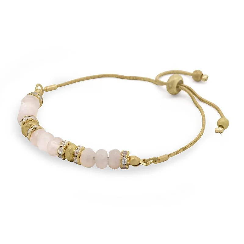 Women’s vintage cuff bracelet-Light Pink Semi Precious Stone Adjustable Bracelet Gold Tone