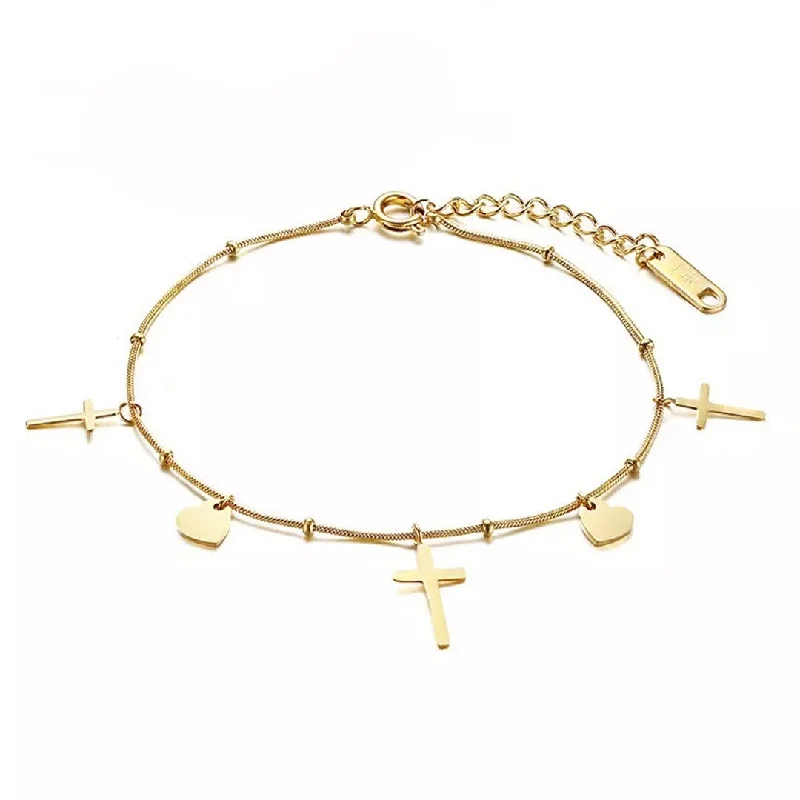 Women’s men’s style bracelet-Stainless Steel Cross Heart Charms Bracelet Gold Plated