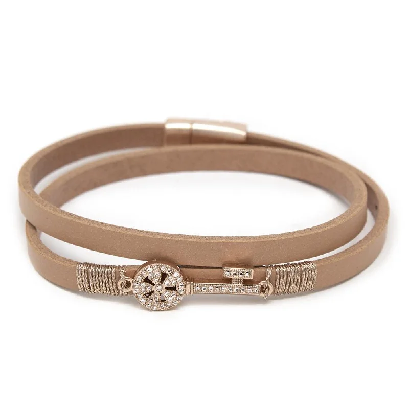 Women’s bohemian bracelet-Leather Wrap Bracelet with Pave Crystal Key Rose