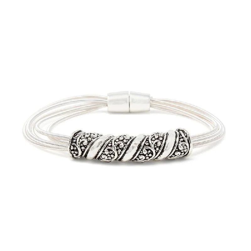 Women’s silver bangle bracelet-Five Row Spring Bracelet with Antique Silver Plain and Filigree Design