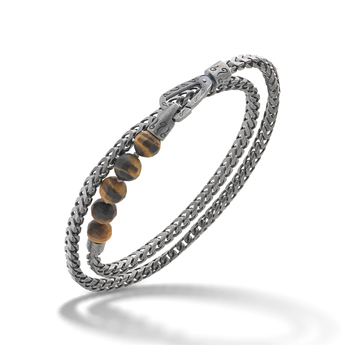 Women’s rope bracelet-Marco Dal Maso Ulysses Double Wrap Recycled Oxidized Sterling Silver and Tiger Eye Bead Bracelet