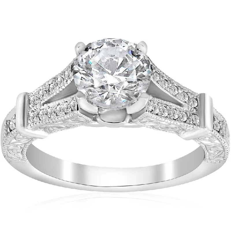 Women’s princess cut diamond engagement ring-14K White Gold 1 3/4 ct TDW Diamond Clarity Enhanced Vintage Engagement Antique Style Ring