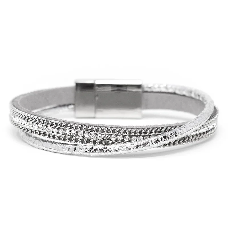 Women’s stackable bangles-Two Row Leather Bracelet with Chain and Crystal Silver Tone