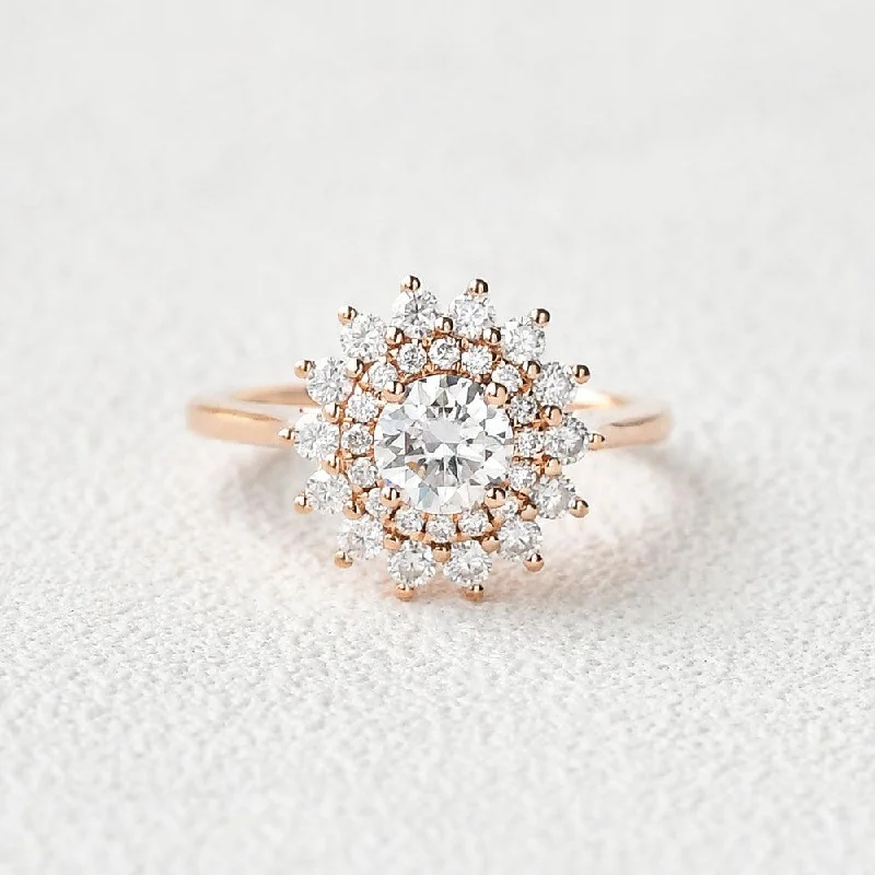 Women’s geometric rings-Flower Round Cut Moissanite Rose Gold Ring