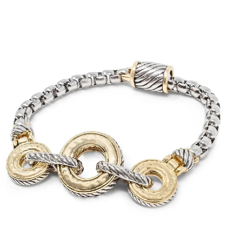 Women’s celestial bracelet-Two Tone Hammered Rings Box Chain Bracelet