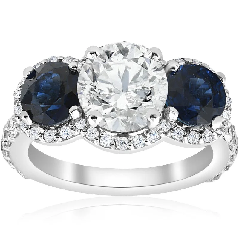 Women’s engagement ring with colored gemstones-14k White Gold 3 3/8 ct TW Blue Sapphire & Diamond Clarity Enhanced Three Stone Engagement Ring (H-I, I1-I2)