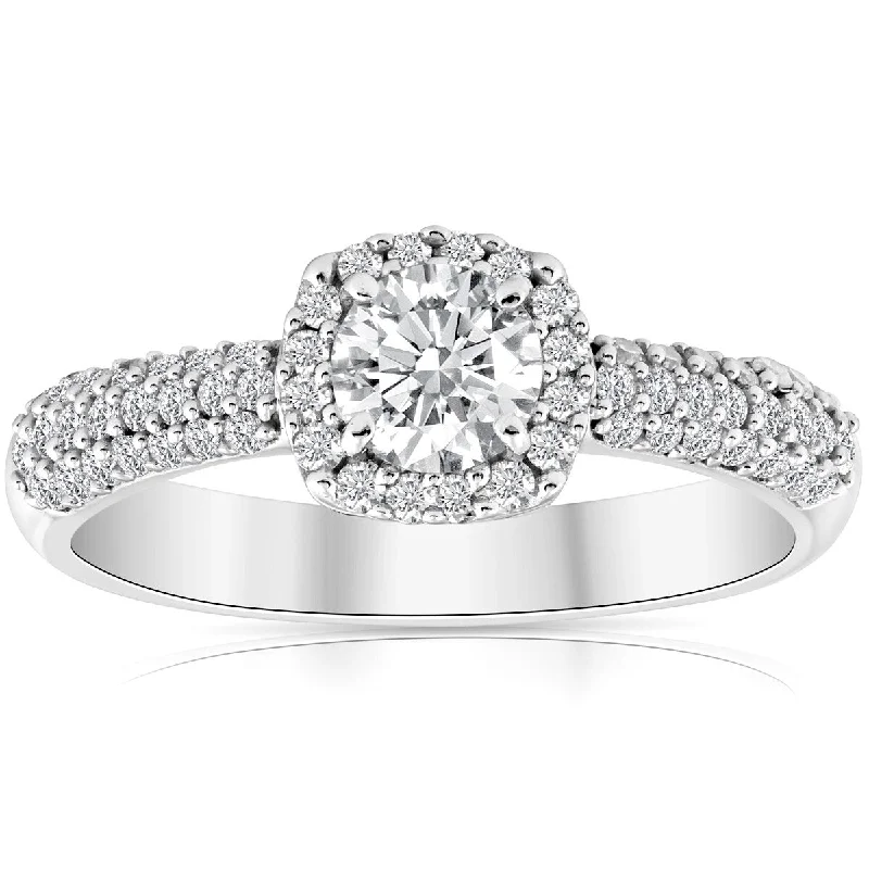 Women’s classic three-stone engagement ring-1ct Cushion Halo Round Diamond Pave Engagement Ring 10k White Gold