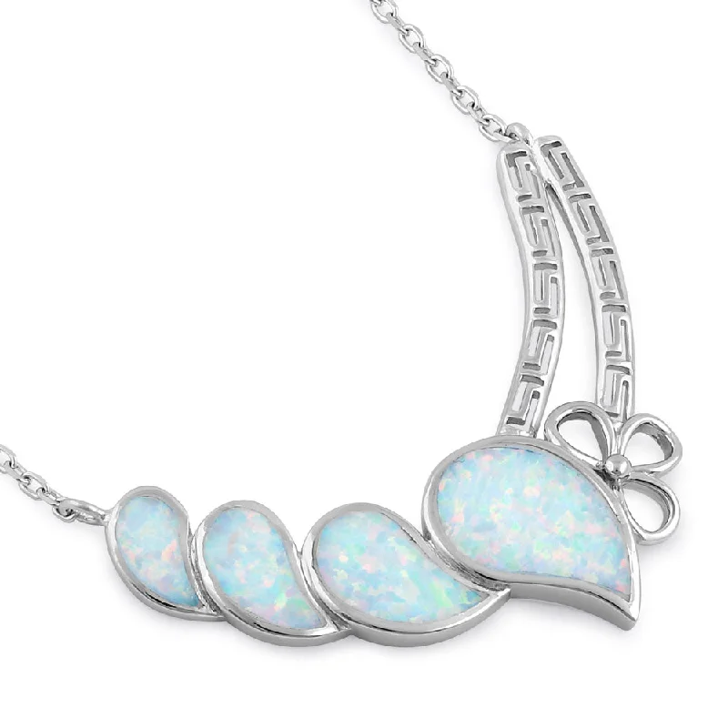 Women’s gemstone necklace-Sterling Silver White Lab Opal Curved Drops Greek Necklace