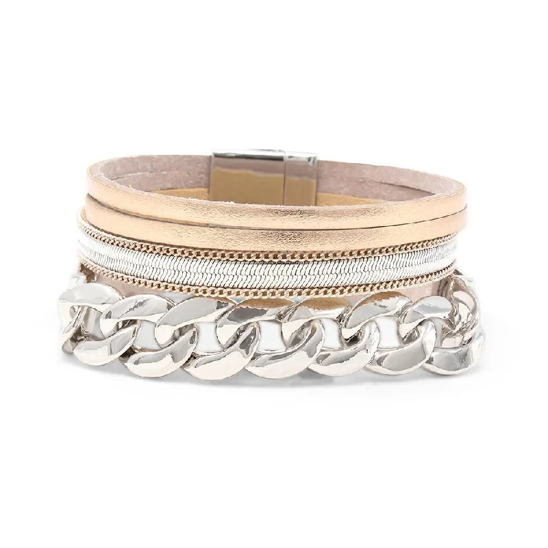 Women’s engraved bracelet-Four Row Leather Bracelet with Curb Chain Station Rose Gold Tone