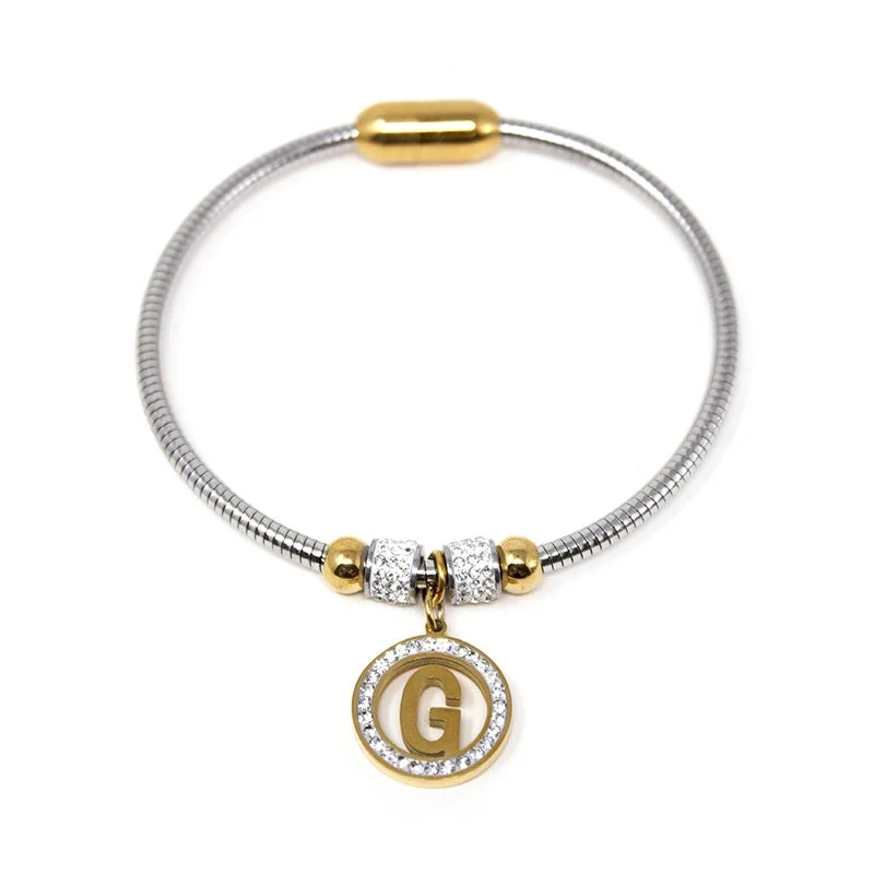 Women’s friendship bracelet-Stainless Steel CZ Pave Initial Magnetic Bracelet - G