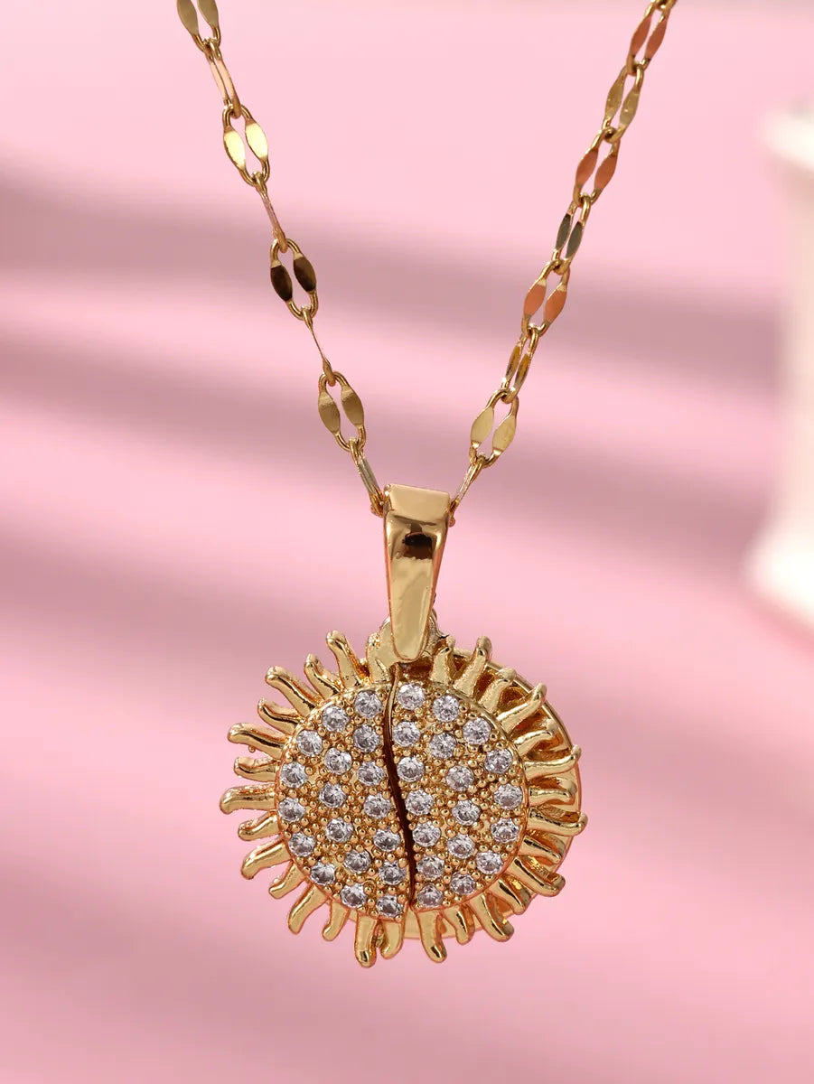 Women’s high-end necklace-Casual Hip-hop Sun Stainless Steel Zircon 18k Gold Plated Pendant Necklace