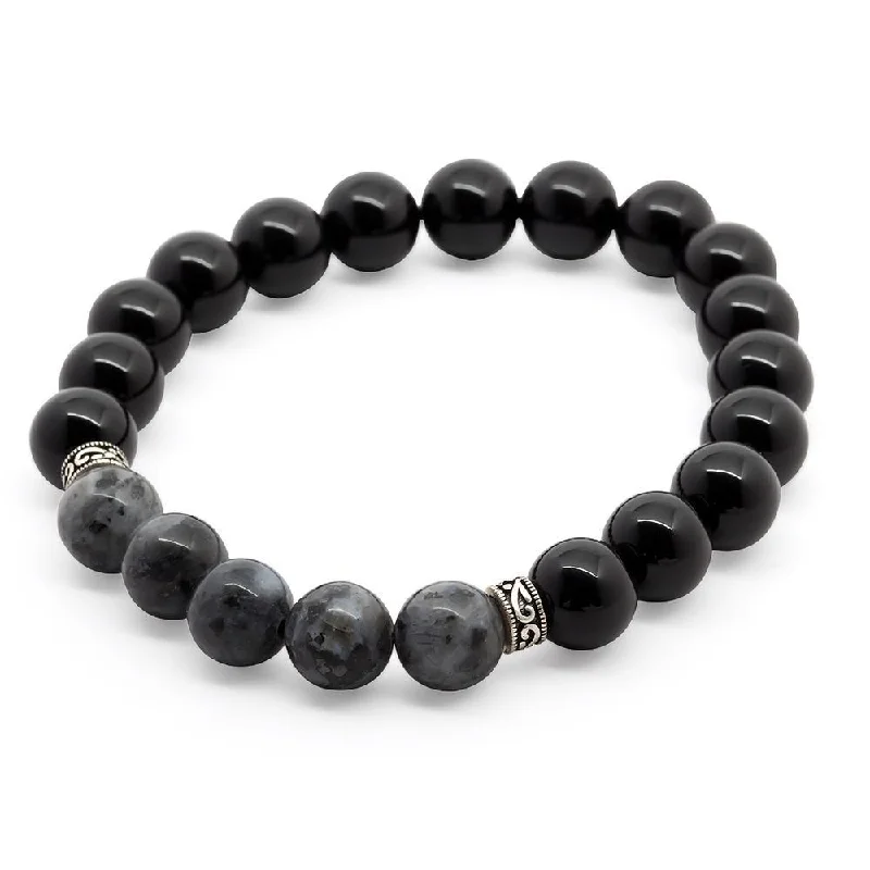 Women’s matching couple bracelet-Onyx/Larvikite Men's Bracelet with Two 925 Sterling Silver Bead