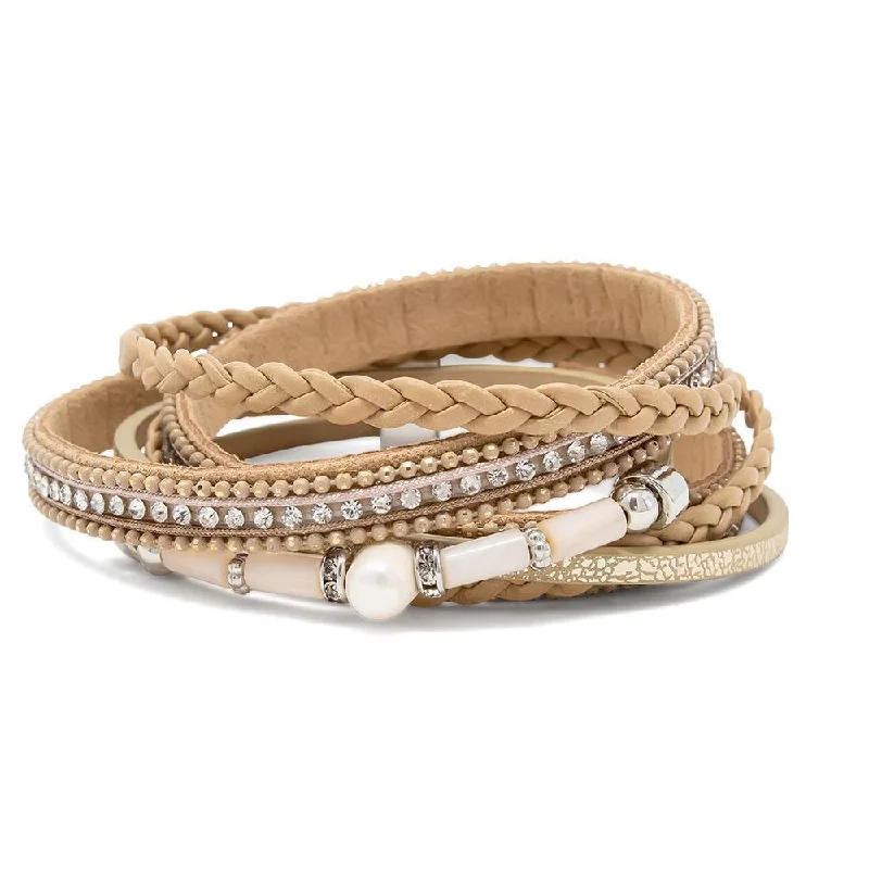 Women’s unique handmade bracelet-Three Row Leather Wrap Bracelet with Pearl Station Beige