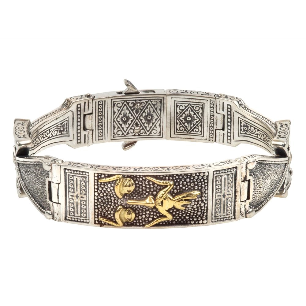 Women’s infinity symbol bracelet-Konstantino Mens Stavros Silver and 18K Gold Etched Cuff Bracelet with Cross Sides and Accents.