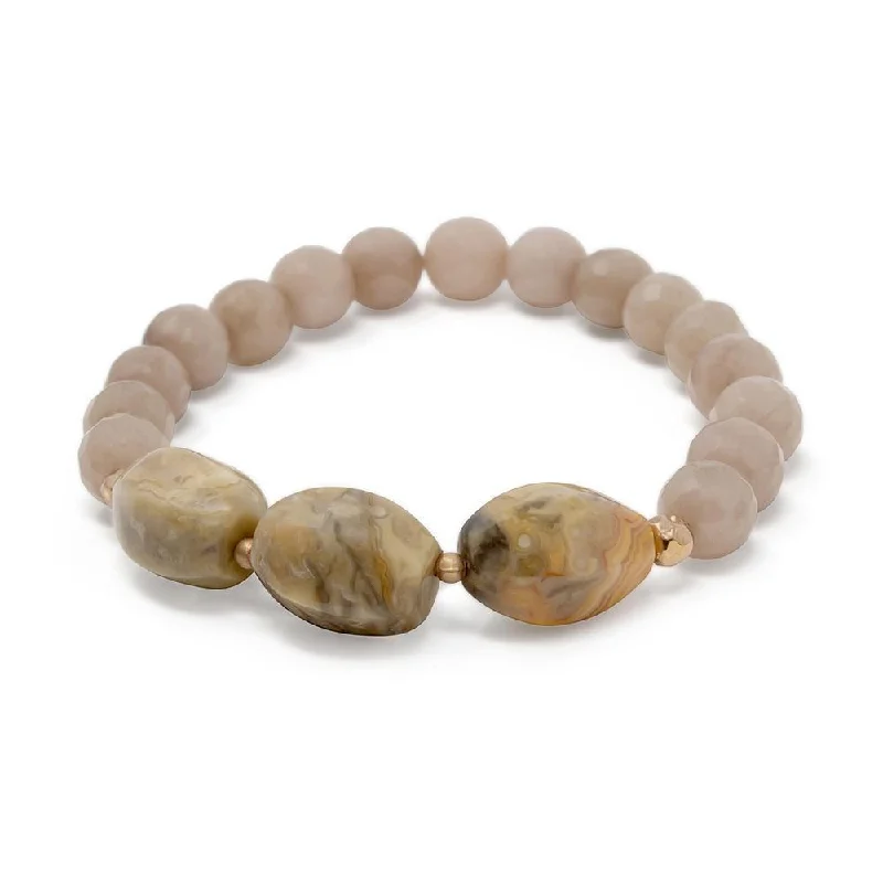 Women’s celestial bracelet-Beige Stone Beaded Stretch Bracelet with Three Oval Stone