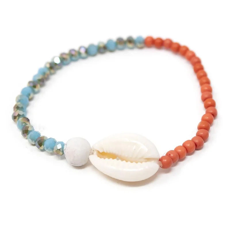 Women’s friendship bracelet-Cowrie Shell Glass Beaded Stretch Bracelet Turquoise and Coral