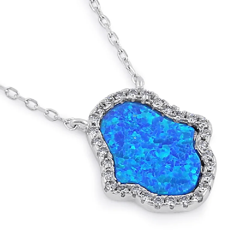 Women’s retro necklace-Sterling Silver Clear CZ and Blue Opal Hamsa Necklace