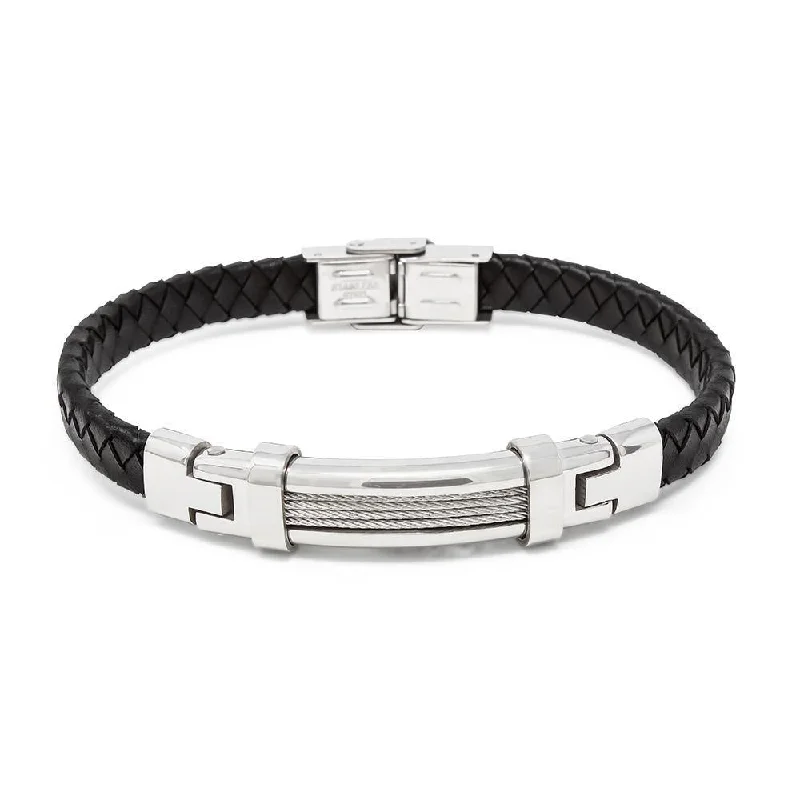 Women’s silver bracelet-Black Leather Stainless Steel Cable Station Bracelet