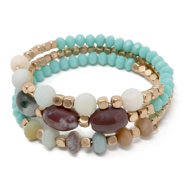 Women’s braided bracelet-Green Glass Bead Wrap Bracelet with Oval Stone Gold Tone