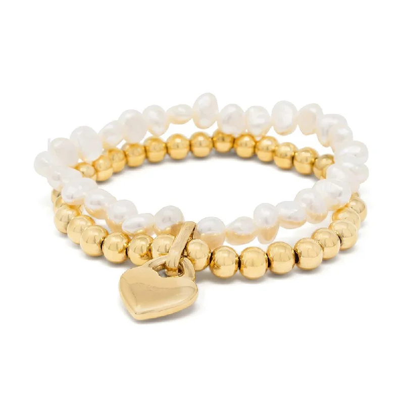 Women’s stackable bracelets-Stainless Steel Pearl Stretch Bracelet with Heart Charm Gold Plated