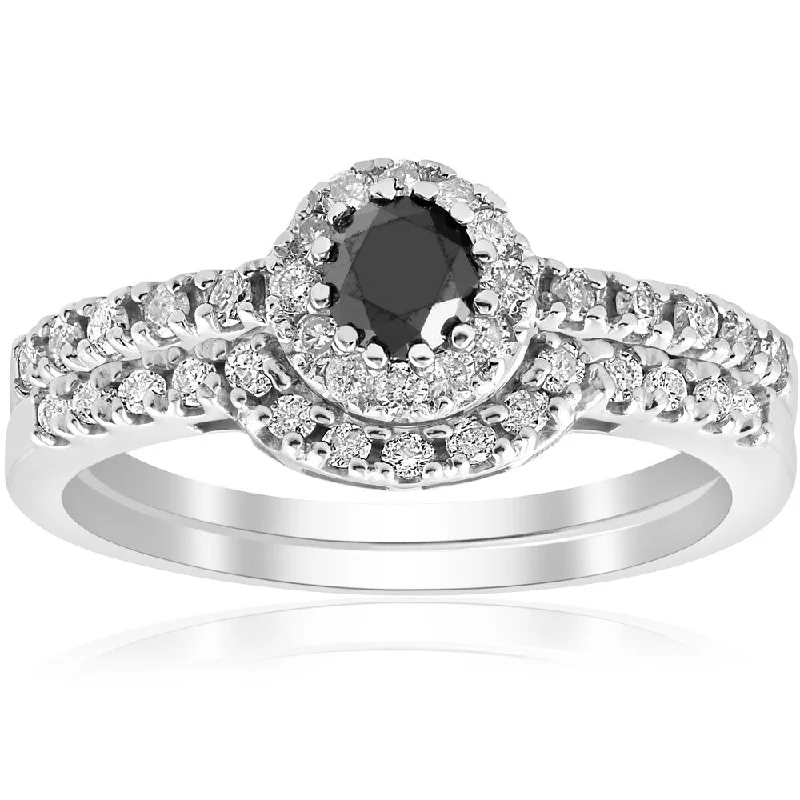 Women’s princess cut diamond engagement ring-14K White Gold 7/8 ct TDW Black & White Diamond Halo Engagement Wedding Guard Ring Set (I-J,I2-I3)