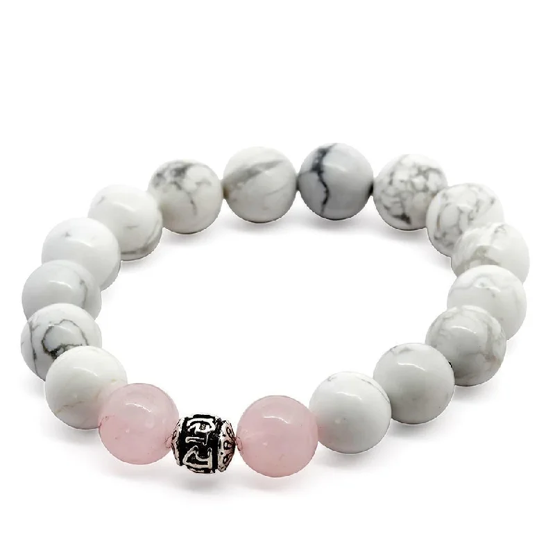 Women’s wrap bracelet-W Howlite/Rose Quartz Stretch Bracelet with 925 Sterling Silver Bead