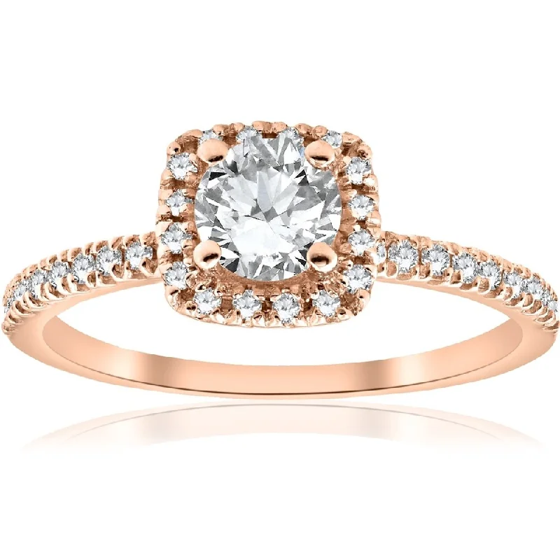 Women’s gold band engagement ring-Pompeii3 14k Rose Gold 1/2 ct TDW Diamond Cushion Halo Engagement Ring - White