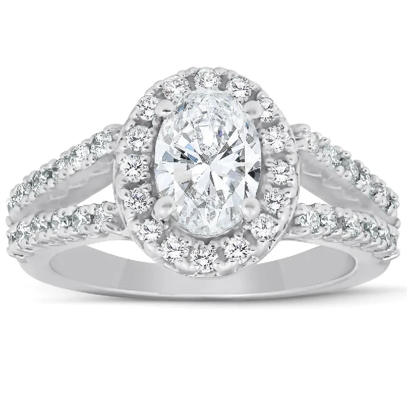 Women’s luxury platinum engagement ring-1 1/2 Ct Oval Cut Diamond Halo Split Shank Engagement Ring 14k White Gold