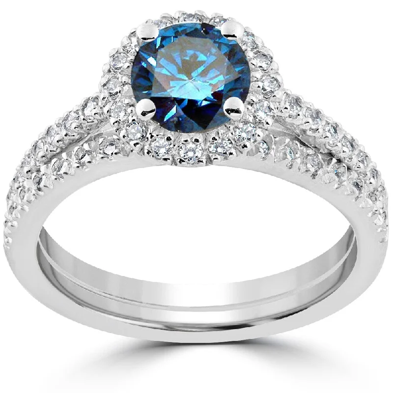 Women’s romantic engagement ring-14k White Gold 1 3/8 ct TDW Blue & White Diamond Engagement Ring & Matching Wedding Band Set