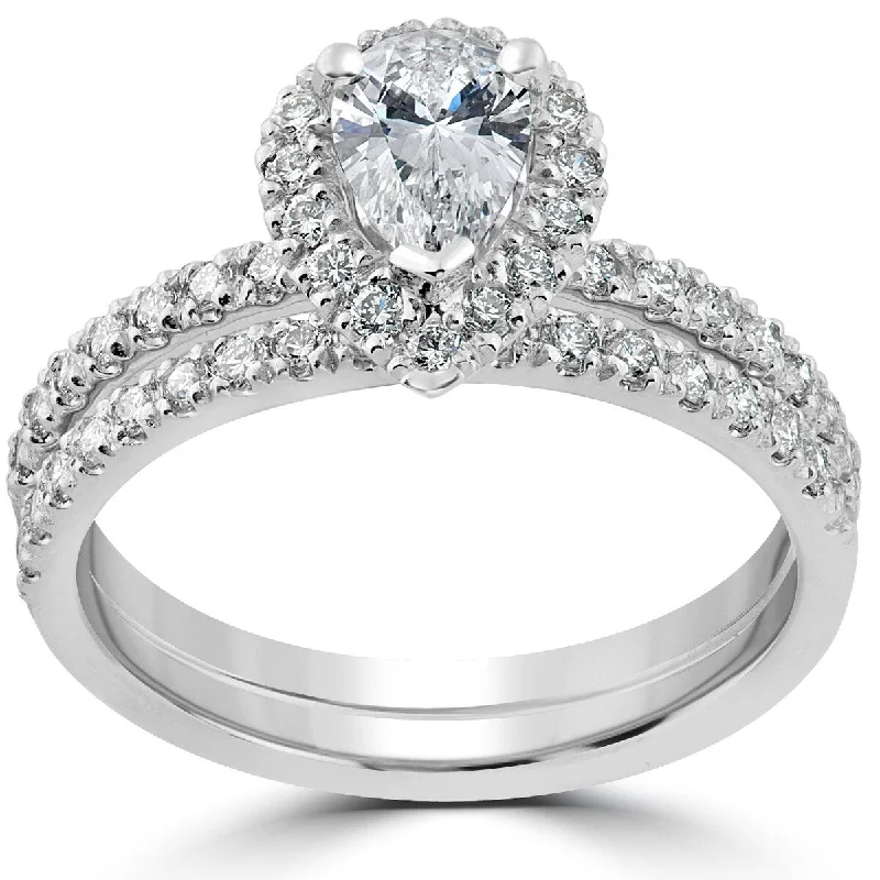 Women’s round cut engagement ring-Pompeii3 1 1/10 Ct Pear Shape Diamond Halo Engagement Wedding Ring Set 14k White Gold