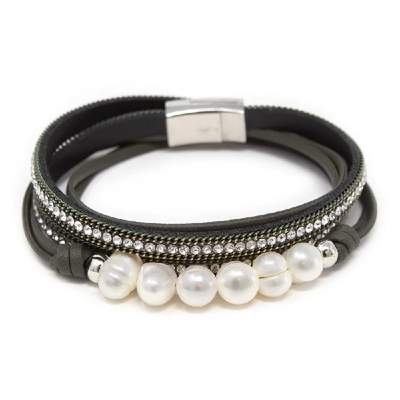 Women’s bracelet set-Bracelet Multi Strand Leather Bead Four Pearl Black