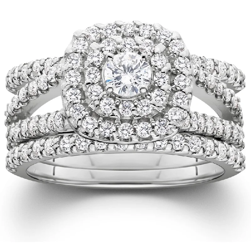 Women’s vintage-inspired engagement ring-Pompeii3 10K White Gold 1 1/4 ct TDW Diamond Engagement Cushion Halo Wedding Ring Trio Set