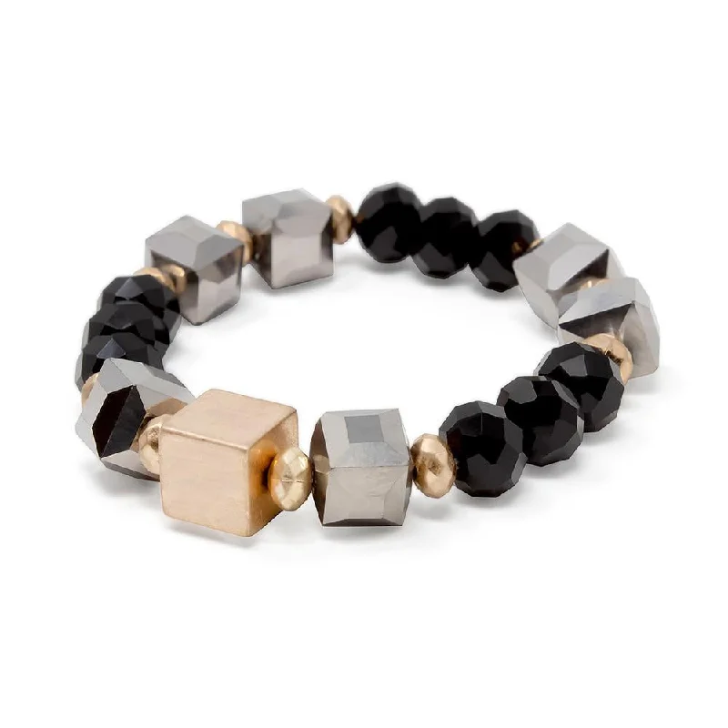 Women’s elegant bangle-Black Glass Beaded Stretch Bracelet with Gold Tone Cube