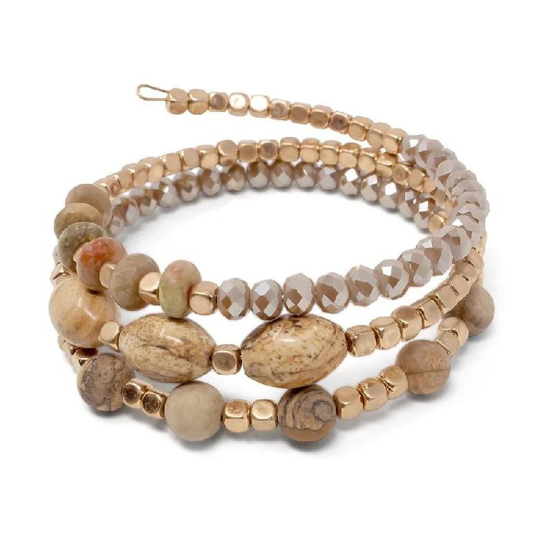 Women’s butterfly bracelet-Beige Glass Bead Wrap Bracelet Oval Stone Gold Tone