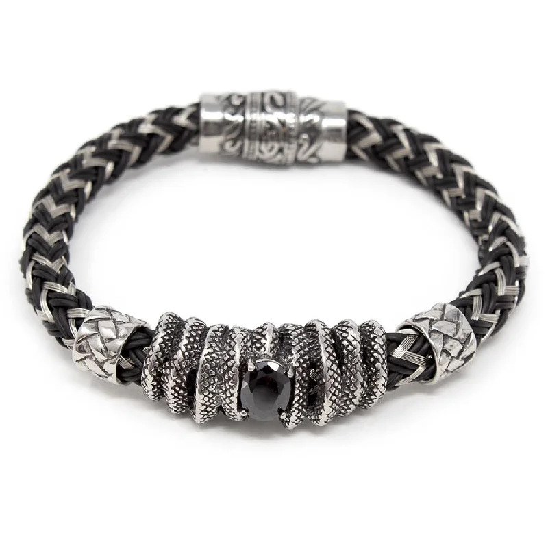 Women’s diamond bracelet-Stainless Steel Rubber Braided Bracelet with Jet CZ