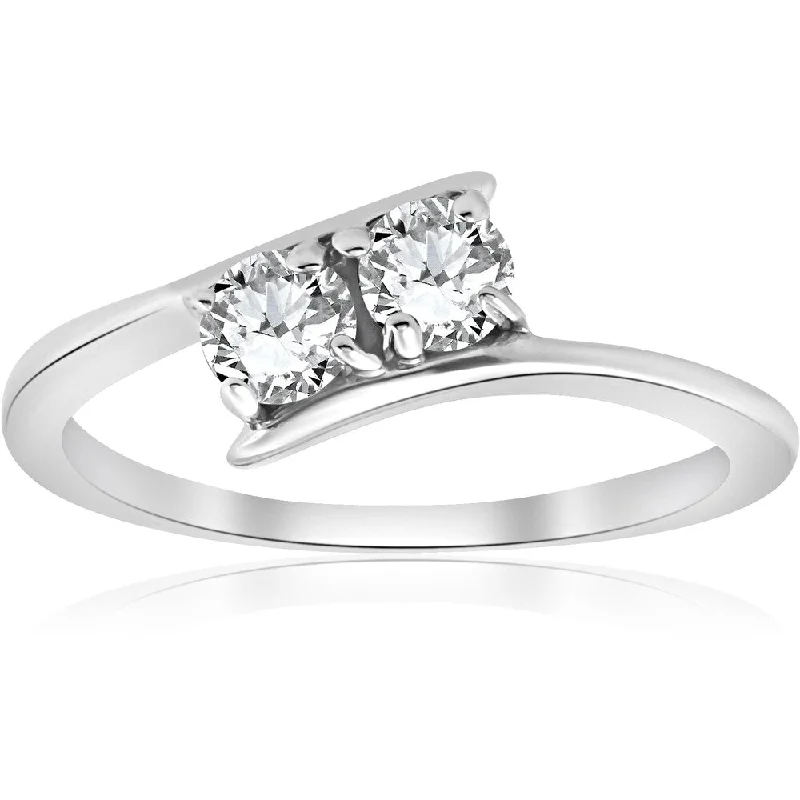 Women’s solitaire engagement ring-Pompeii3 10k White Gold 1/2 ct Two Stone Solitaire Diamond Engagement Round Cut Ring