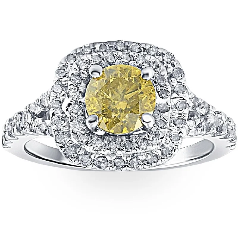 Women’s unique round-cut engagement ring-1 5/8CT Fancy Yellow Diamond Double Cushion Halo Engagement Ring 14k White Gold