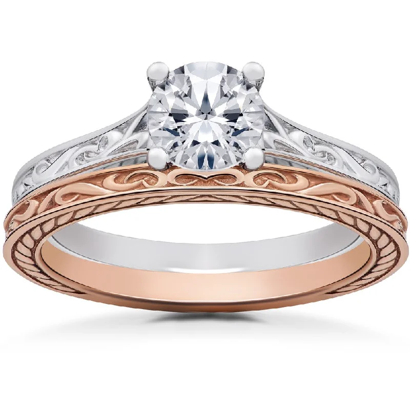 Women’s luxurious engagement ring with diamonds-14k White & Rose Gold 1 ct Vintage Scroll Solitaire Lab Grown Engagement Ring & Matching Wedding Band (F-G, SI1-SI2)