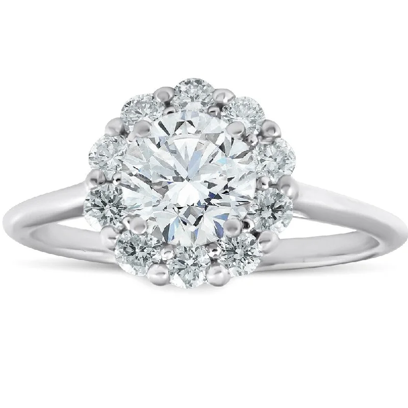 Women’s three-stone engagement ring-14k White Gold 1 1/2 Ct TDW Round Cut Halo Diamond Engagement Ring Clarity Enhanced