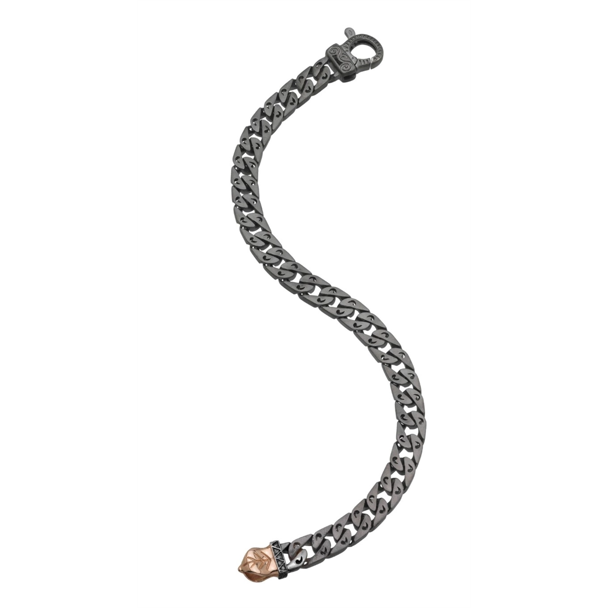 Women’s thin diamond bracelet-Marco Dal Maso Flaming Tongue Link Bracelet in Recycled Oxidized Sterling Silver and 18K Rose Gold Vermeil with Black Diamonds