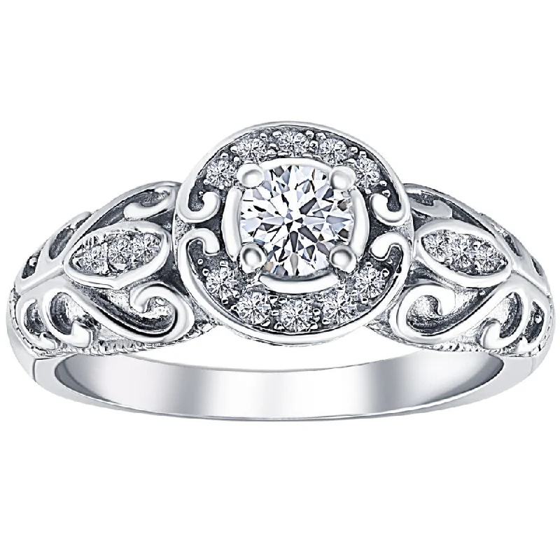 Women’s oval engagement ring with diamonds-1/2ct Vintage Diamond Engagement Halo Ring 10K White Gold