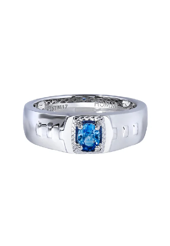 Women’s vintage gemstone rings-TOMEI Homme Collection Sapphire Men Ring, Silver+Palladium