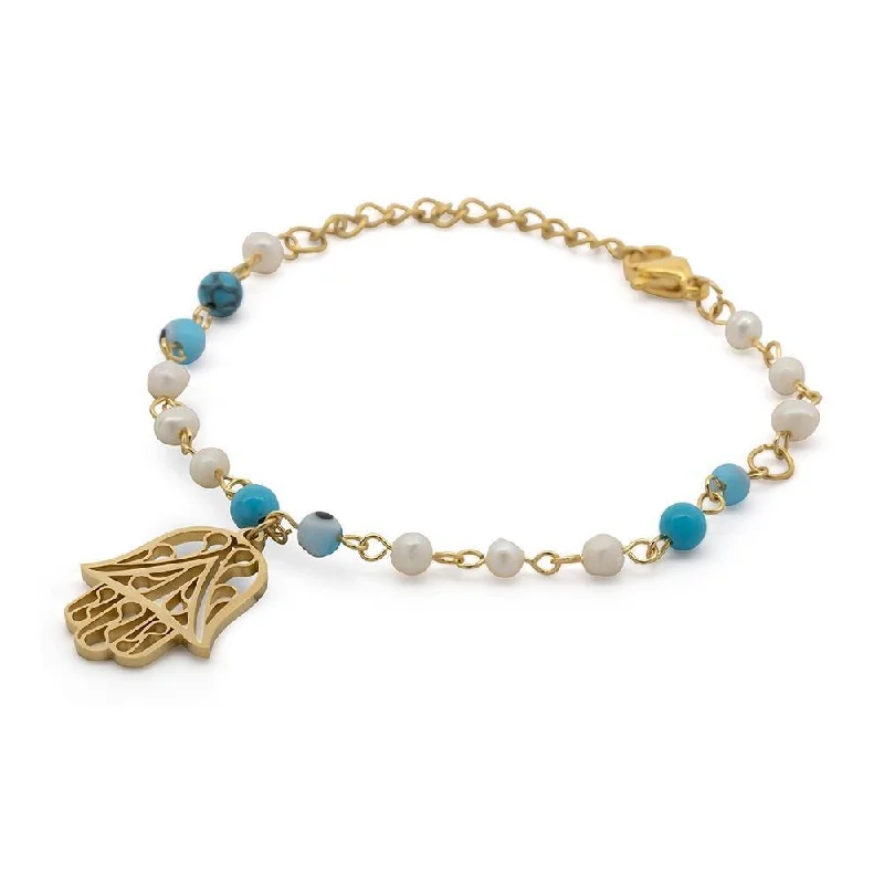 Women’s leather wrap bracelet-Stainless Steel Hamsa Hand Bracelet with Pearl Evil Eye Gold Plated