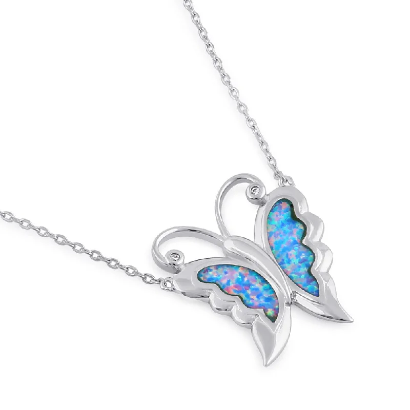 Women’s large pendant necklace-Sterling Silver Blue Lavender Butterfly Necklace