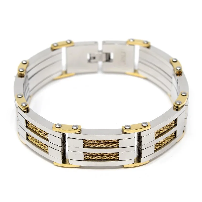 Women’s gemstone bangle bracelet-Stainless Steel Gold Cable Inlayed Bracelet